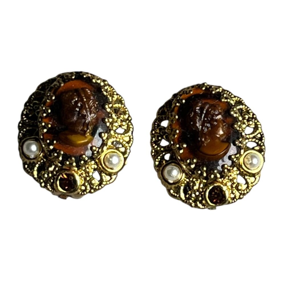 Vintage  WGermany Clip-On Cameo Gold Filigree Faux Pearls Amber earrings